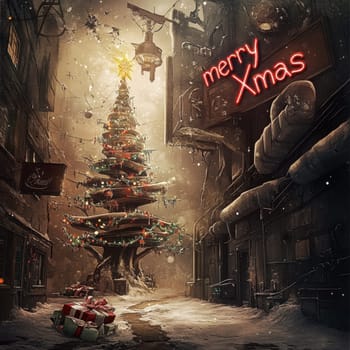 A decorated Christmas tree stands in a snowy alley surrounded by gifts and festive lights creating a warm holiday atmosphere.