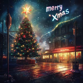 A beautifully lit Christmas tree stands tall in a snowy square surrounded by charming buildings and holiday decorations during twilight.