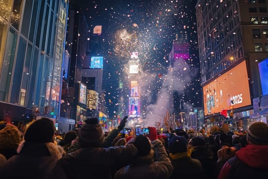 A large crowd gathers in Times Square to celebrate the arrival of the new year with confetti and fireworks lighting up the sky.