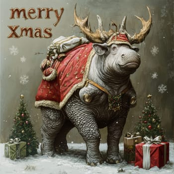A rhinoceros adorned in a red Christmas outfit stands among decorated trees and wrapped gifts celebrating the holiday spirit.