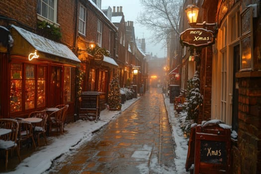 A picturesque snowy street filled with cozy shops and twinkling lights as evening falls creating a joyful holiday atmosphere.