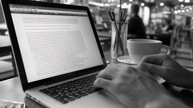 Hands typing on a laptop in a cozy cafe, alongside a cup of coffee, creating a warm and productive atmosphere.