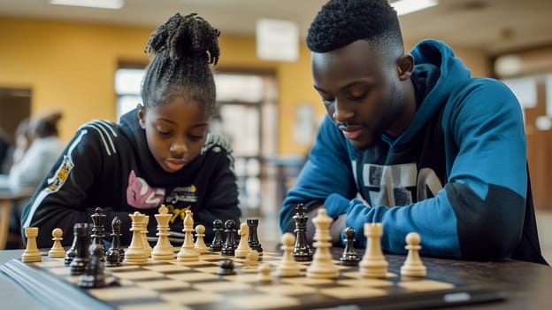 A father and daughter deeply engaged in a strategic chess game, highlighting family bonding and intellectual challenge.