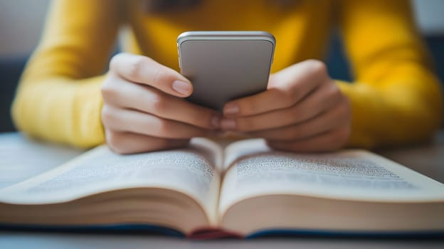A close up of hands holding a smartphone over an open book, blending digital and traditional media.