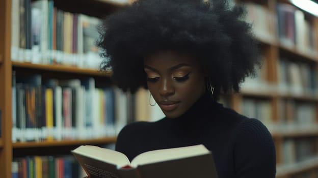 A young woman engrossed in a book in a library, surrounded by shelves of colorful books.