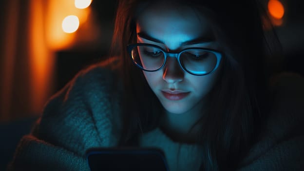 A woman with glasses using her smartphone in a dimly lit room, illuminated by the phone's blue light.