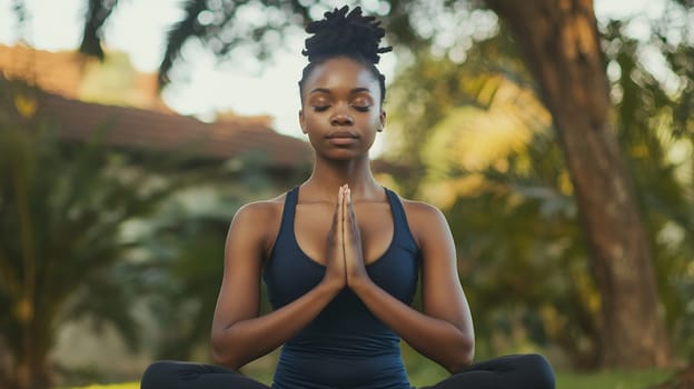 A serene woman meditating in a peaceful outdoor setting, surrounded by nature's tranquility.
