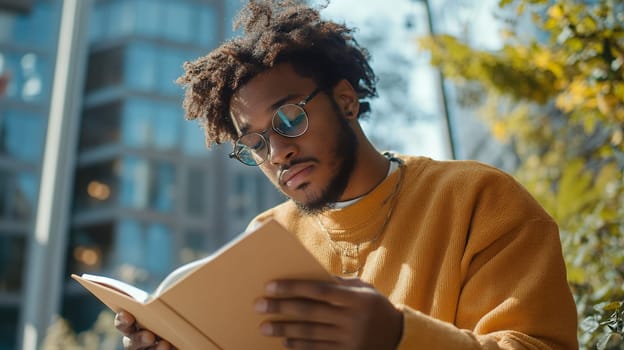 A young man wearing glasses sits outdoors, reading a book in the sunlight, enjoying a moment of relaxation.