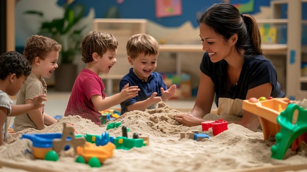 Smiling teacher interacting with children in a playful classroom setting, fostering learning and joy.