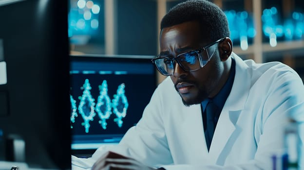 Concentrated scientist studying data on a computer screen, showcasing dedication and scientific research.