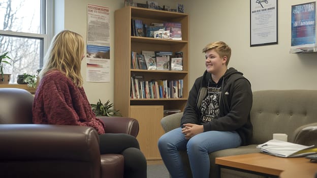 Two people engaged in a counseling session, seated in a cozy office, promoting communication and support.