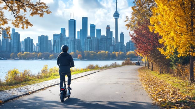 Person riding an electric scooter through a park with vibrant autumn foliage and city skyline in the background.