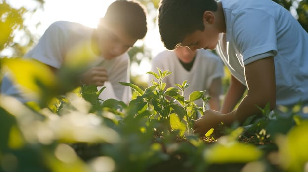 Three boys in casual attire tending to plants in a sunlit garden, learning about nature and teamwork.