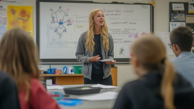 A passionate teacher lecturing to attentive students in a lively classroom, imparting knowledge and inspiration.