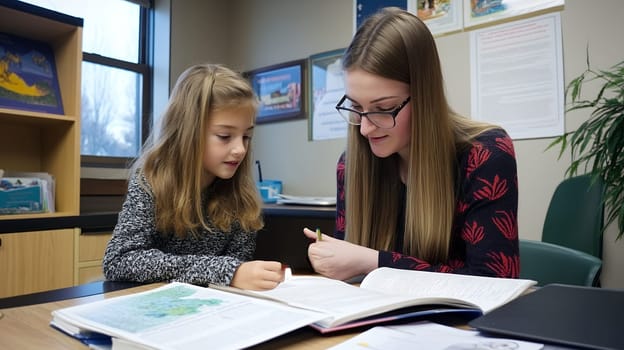 A tutor helping a young girl with her studies in a cozy room, focusing on learning and understanding.