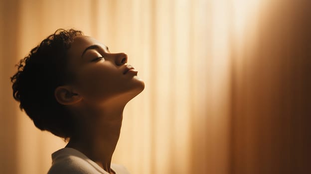 Peaceful woman enjoying sunlight with closed eyes, basking in warmth and tranquility, highlighting relaxation.
