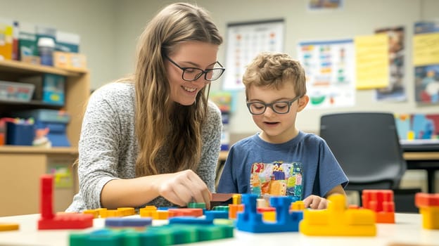 A teacher and child engaging in creative play with colorful blocks, fostering learning and imagination.