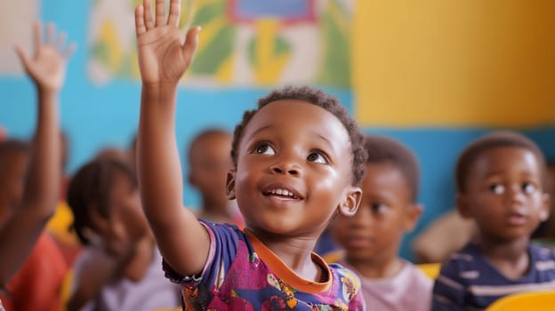 A curious child eagerly raising their hand in a colorful classroom, ready to answer or ask a question.