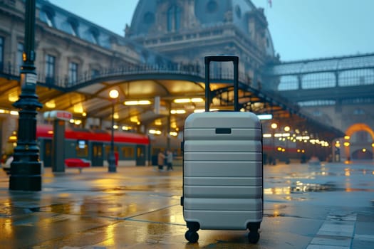 Modern gray suitcase in ornate European train station with arched glass ceiling and architecture
