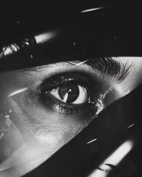 Dramatic black and white close-up of human eye with light reflections