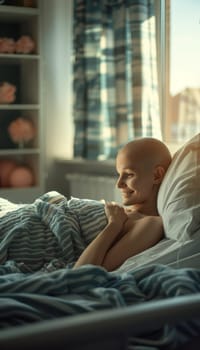 Bald woman smiles in bed, bathed in warm sunlight, blue blanket and hospital room visible