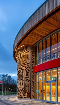 Illuminated curved building with tribal-inspired artwork and glass windows