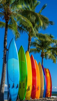 Colorful surfboards lined up on beach with palm trees and ocean in background