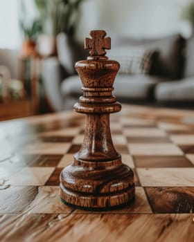 Close-up of chess king piece on wooden board with blurred living room background