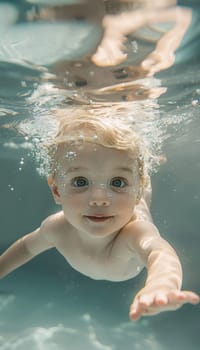 Close-up of a young blonde child with wide eyes swimming underwater