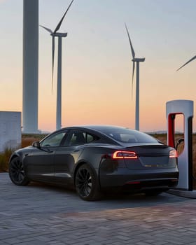 Sleek electric sedan charges at station with wind turbines in golden light