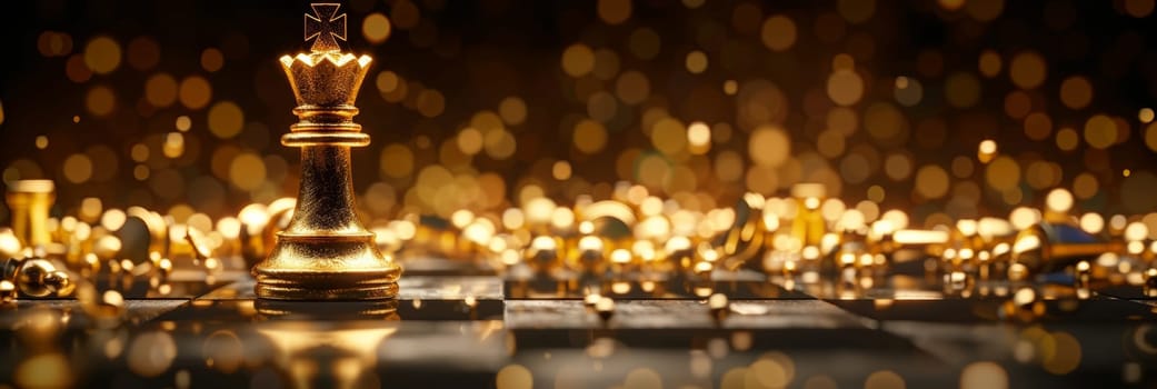 Majestic golden chess king piece stands triumphant amidst glowing bokeh lights