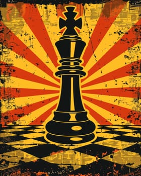 Black chess king silhouette against radiant orange and yellow sunburst, grunge texture overlay