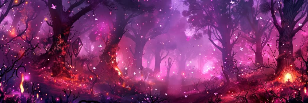 Magical purple forest with glowing butterflies and ethereal lights, creating a dreamlike fantasy landscape bathed in mystical illumination
