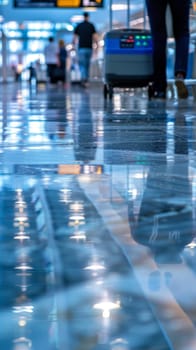 Close-up of shiny airport floor reflecting blurred passengers and luggage, with electronic device visible