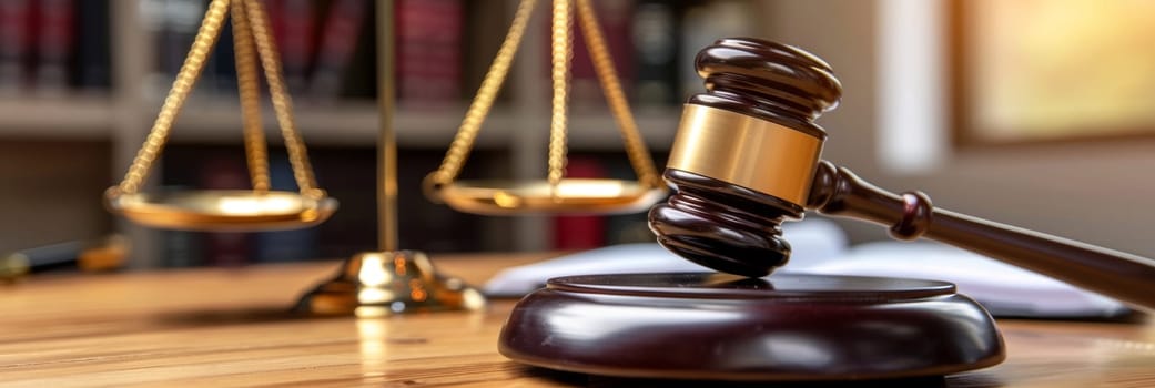Traditional wooden gavel and golden scales of justice on attorney's desk, symbolizing law practice