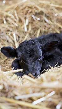 Close-up of a newborn black calf with wet fur lying in golden straw, showcasing its large eyes and soft muzzle