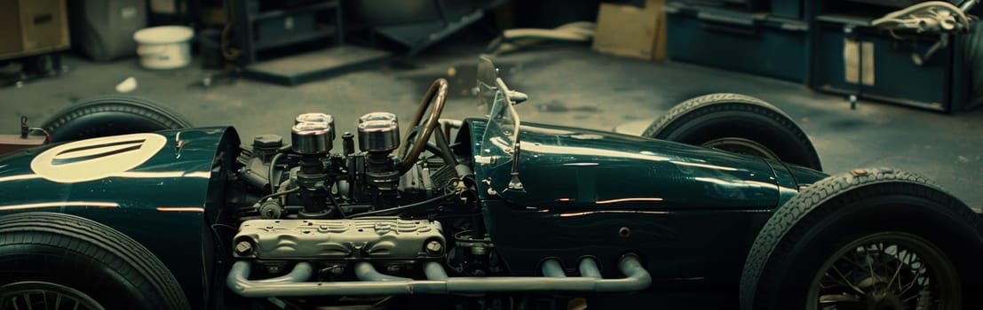 Classic green racing car with exposed engine in workshop, showing intricate mechanical details