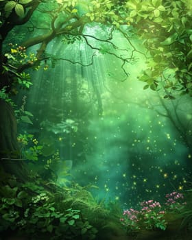 Lush green woodland scene with ethereal light and sparkling fairy dust