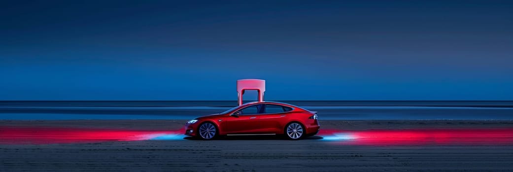 Red electric sedan illuminated while charging on sandy beach at twilight