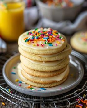 Stack of frosted sugar cookies topped with vibrant sprinkles, served with juice