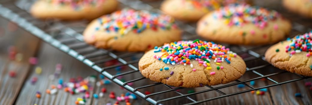 Sugar cookies topped with colorful sprinkles cooling on wire rack after baking