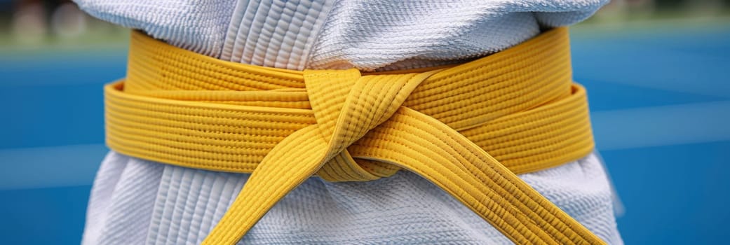 Yellow belt tied around white karate gi, symbolizing skill level in martial arts