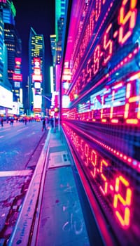 Vibrant neon stock market ticker display in a bustling financial district at night with city skyline