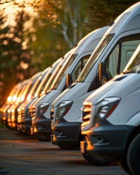 Row of cargo vehicles illuminated by warm sunset light in parking area