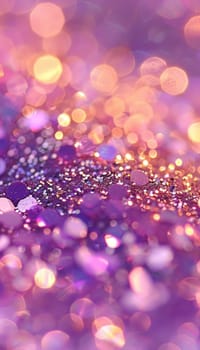 Dreamy purple and gold glitter bokeh effect with soft focus light circles creating a magical, festive atmosphere