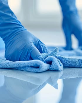 Hand wearing blue latex glove wiping surface with microfiber cloth, emphasizing hygiene and cleanliness in professional setting