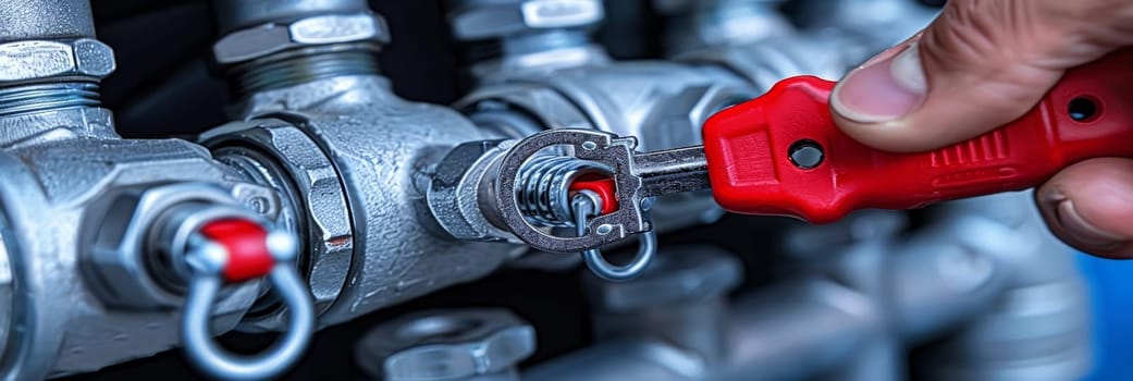 Close-up of a plumber using a red adjustable wrench to tighten a metal pipe fitting in a plumbing system