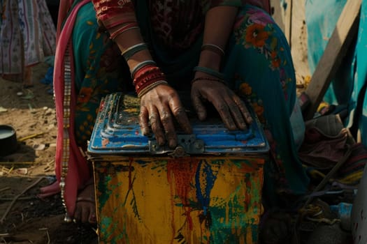 Close-up of hands adorned with bangles resting on vibrant painted box, wearing sari