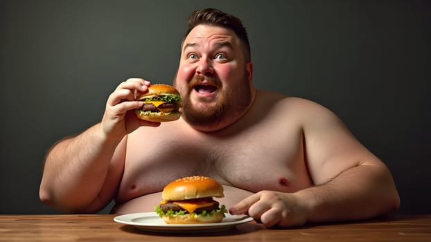 Fat man eating tasty burger