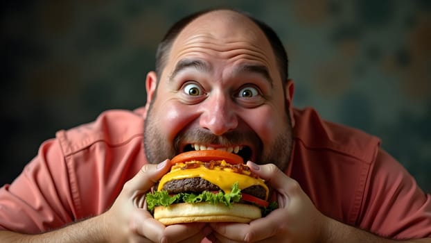 Fat man eating tasty burger